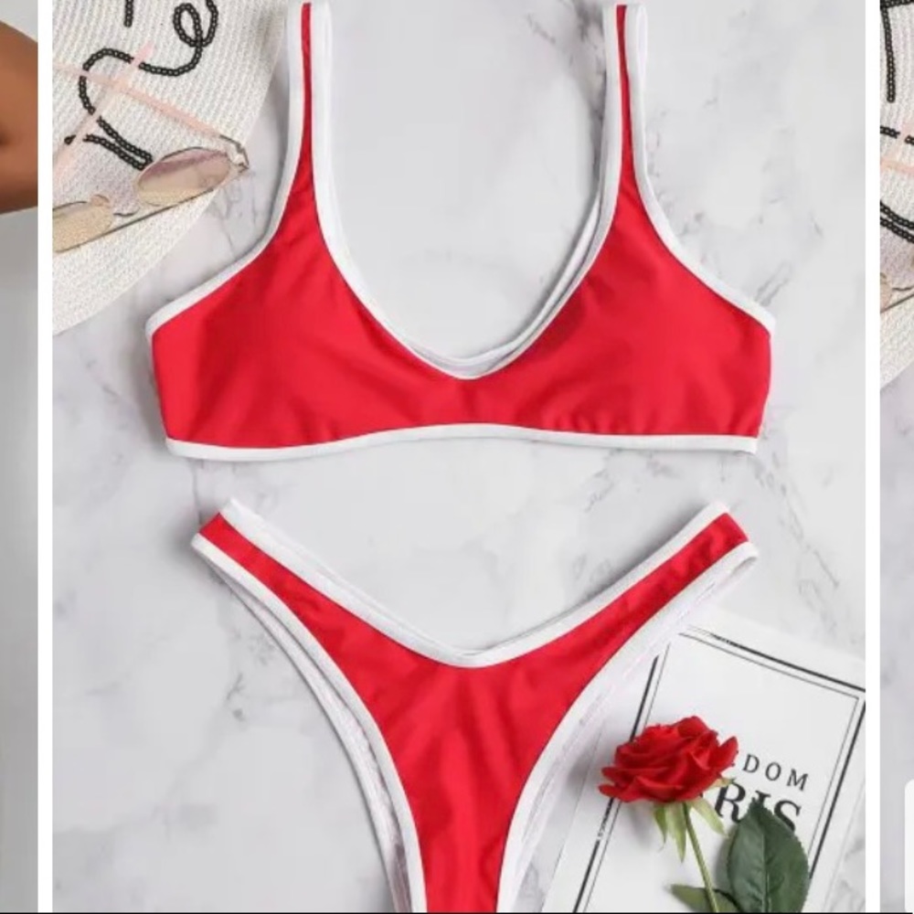 Contrast Trim Sport Bikini Set - Cherry Red Small